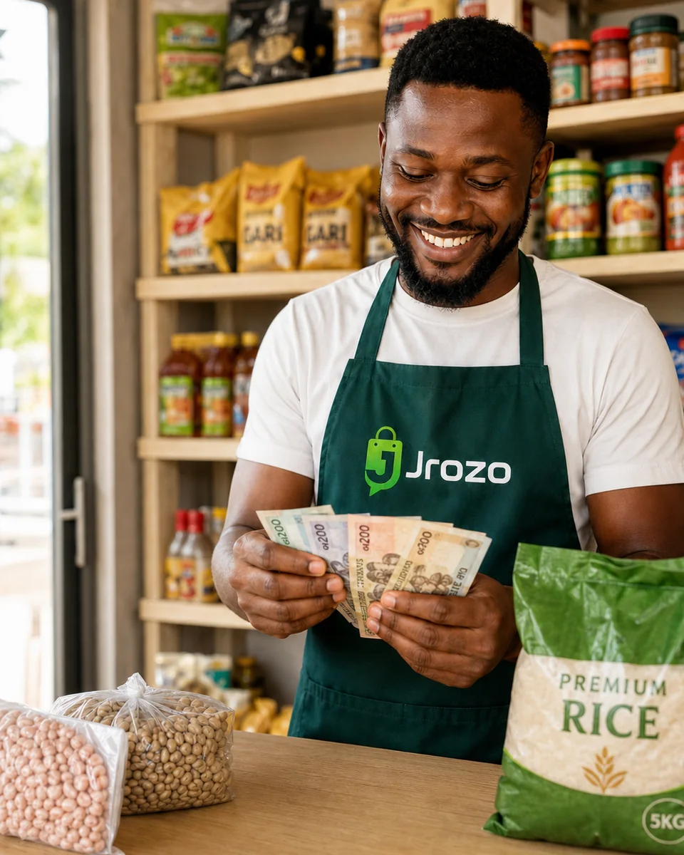 A Ghanaian shop owner reviewing sales income at his counter