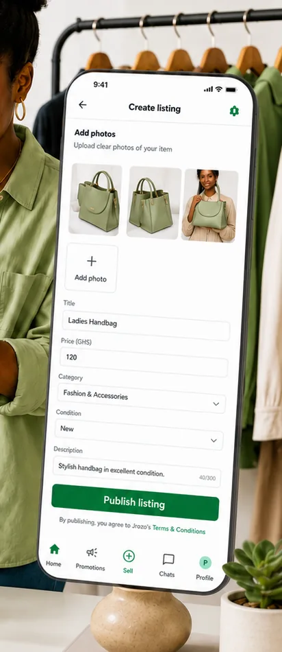 Jrozo Create Listing screen with photo, title, price, category and description fields