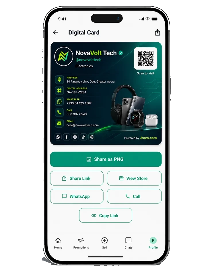 Jrozo Digital Card showing Store branding, QR sharing, public location and contact actions