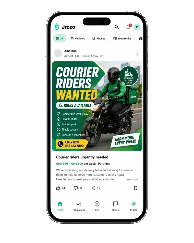 Jrozo Home feed showing categories, a marketplace Listing and social actions