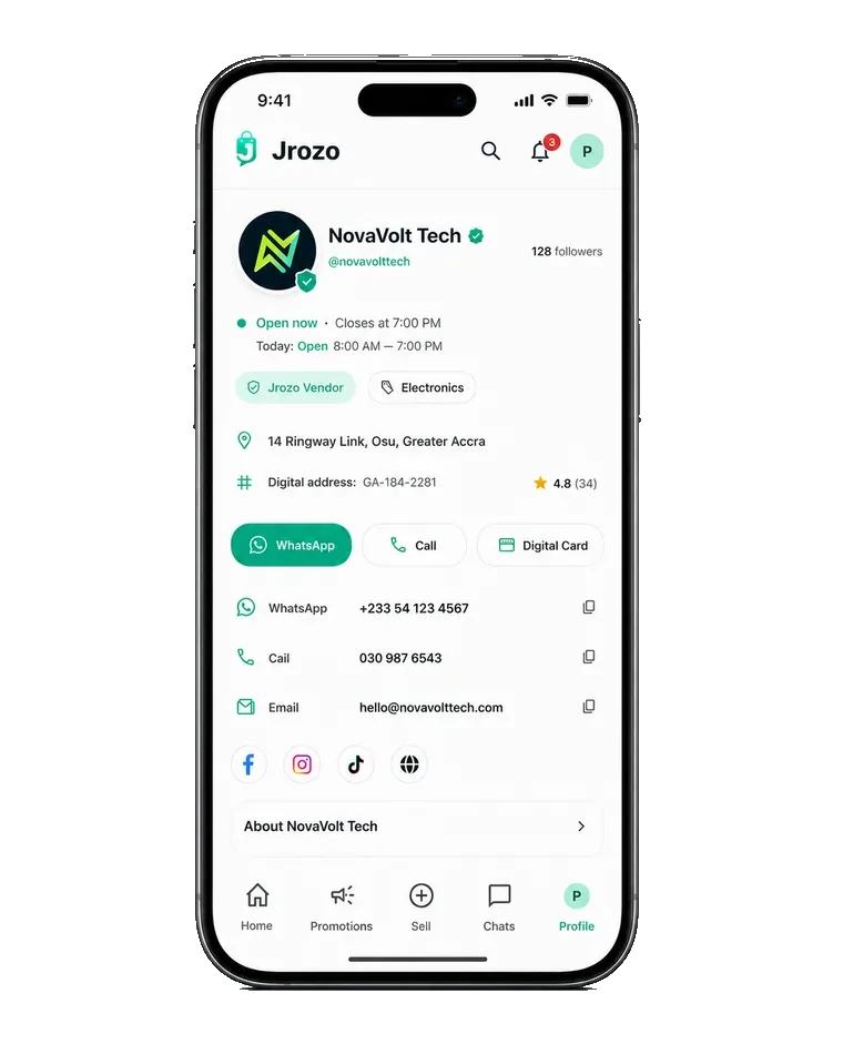 Jrozo Store profile showing Store identity, opening status, location and public contact tools